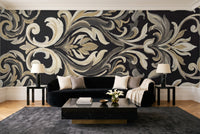 Black Damask Mural in a living room