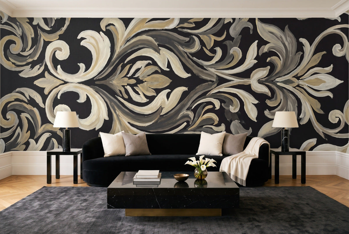 Black Damask Mural in a living room
