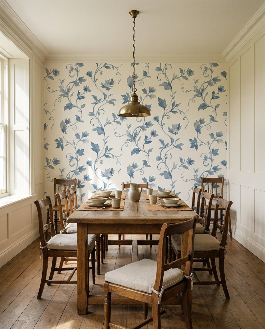 Blue-and-grey Vine Botanical Mural on a feature wall