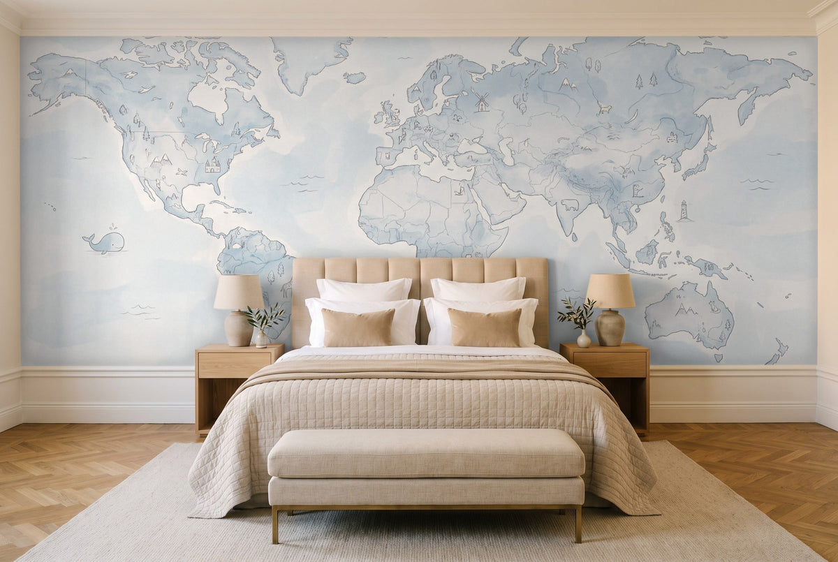 Light Blue World Map Map Mural in a bedroom