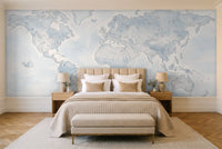 Light Blue World Map Map Mural in a bedroom