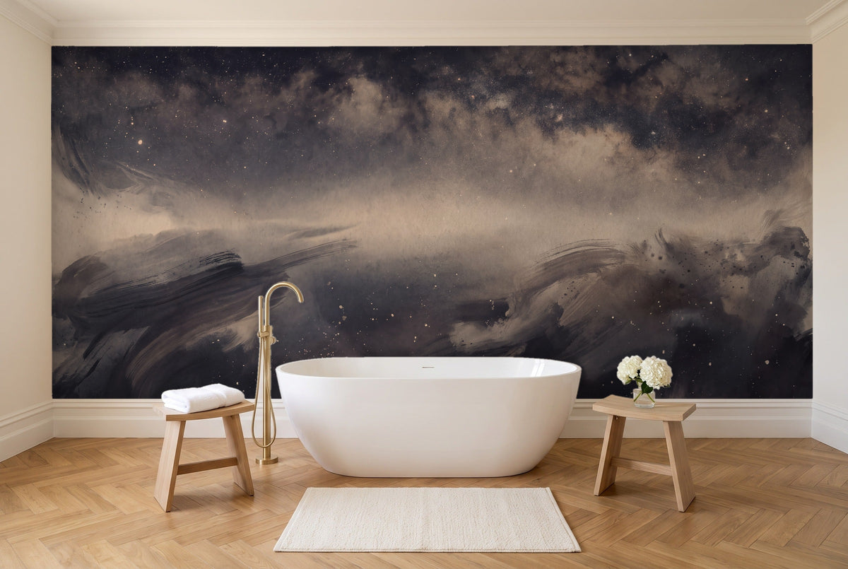 Black Galaxy Celestial Mural in a bathroom