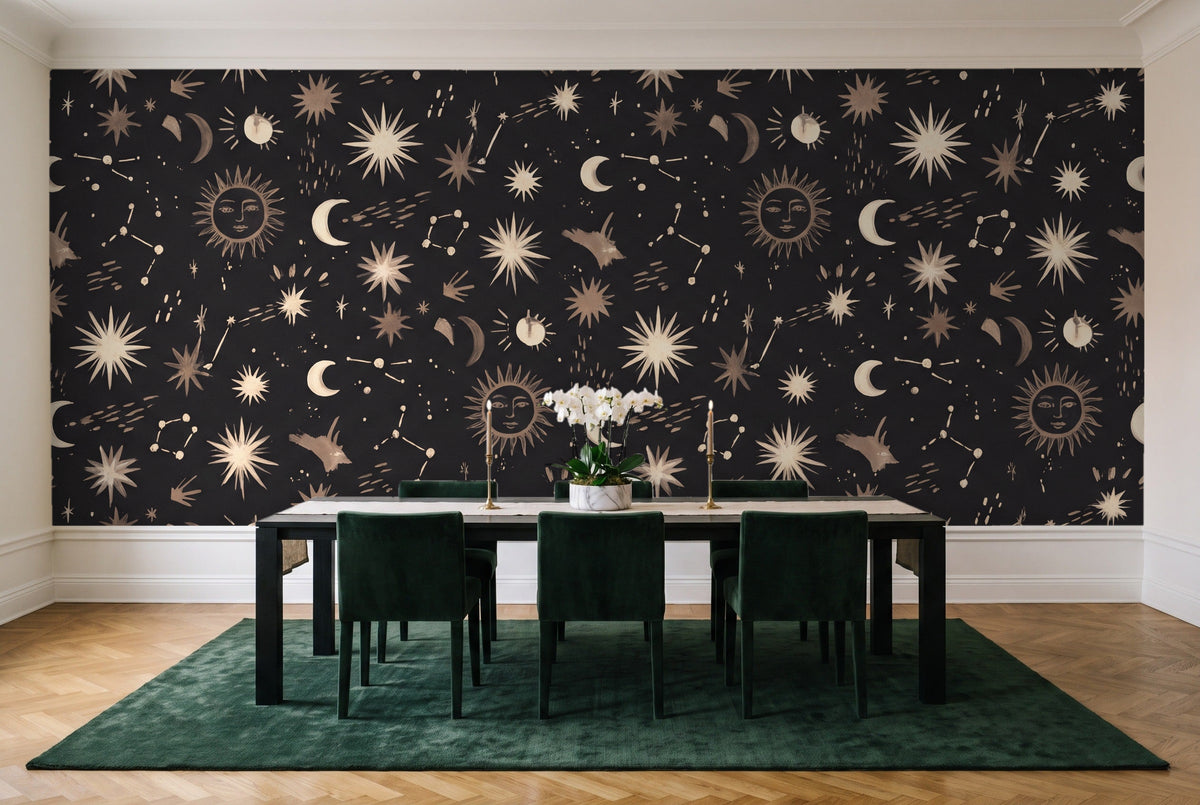 Charcoal Stars Celestial Mural in a dining room