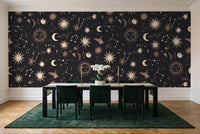 Charcoal Stars Celestial Mural in a dining room