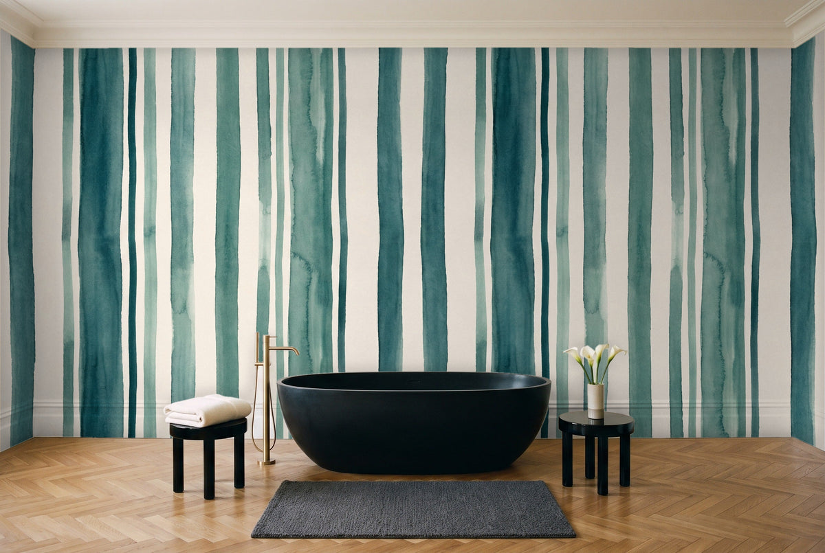 Teal Stripe Mural in a bathroom