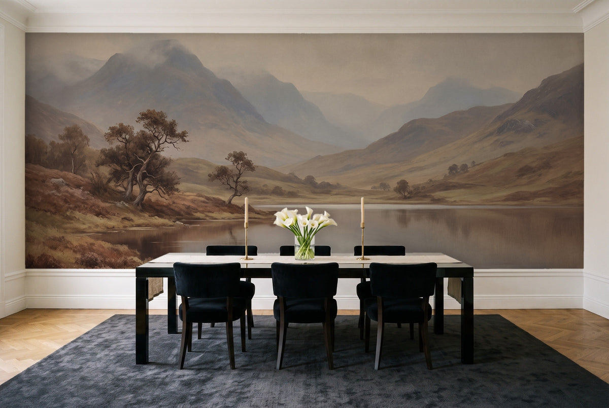 Blue And Grey Highlands Landscape Mural in a dining room