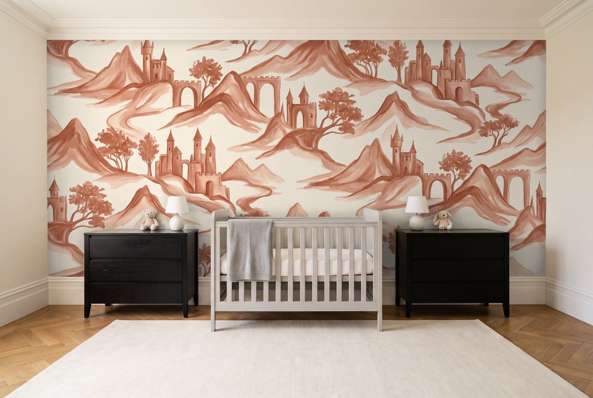 Terracotta Mountain Landscape Mural in a nursery