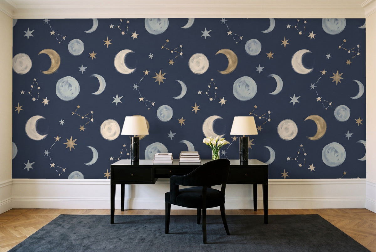 Navy Moon Celestial Mural in a home office