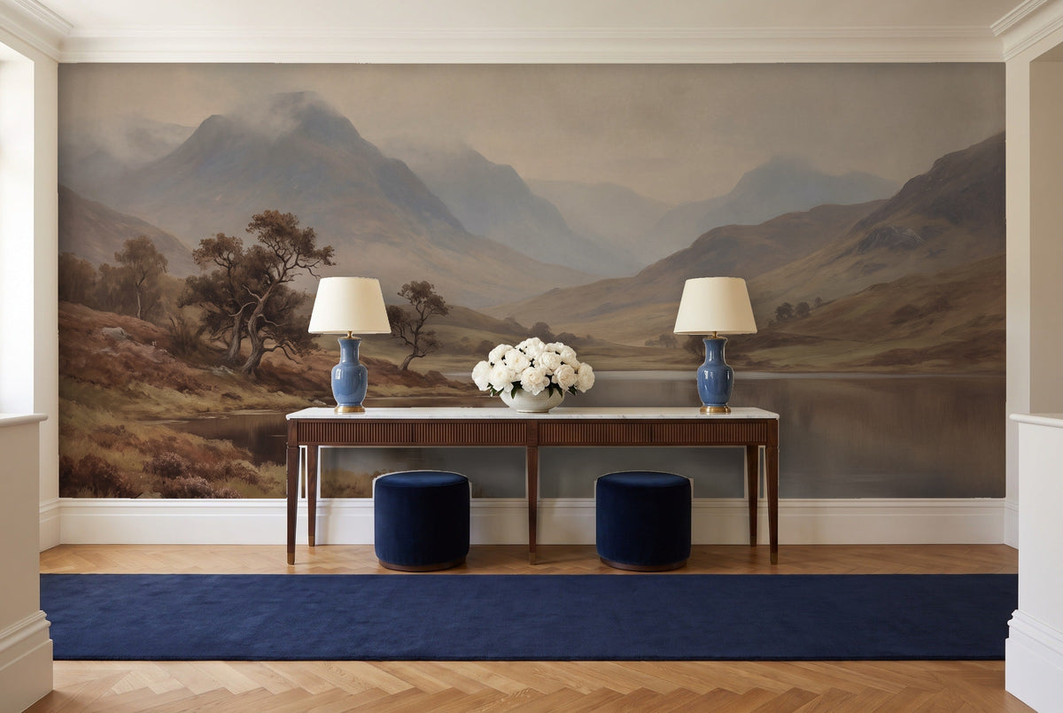 Blue And Grey Highlands Landscape Mural in an entryway