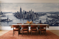 Navy New York Cityscape Mural in a dining room
