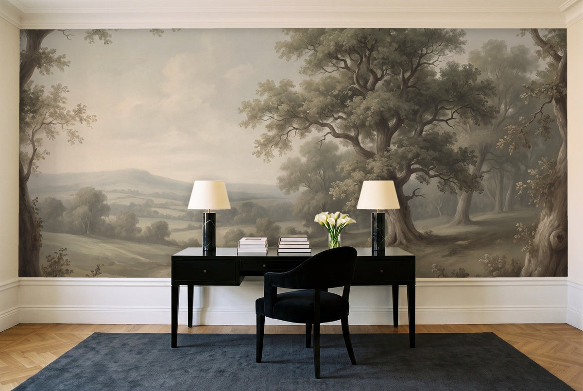 Sage Countryside Landscape Mural in a home office