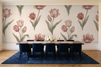 Blush Tulip Floral Mural in a dining room