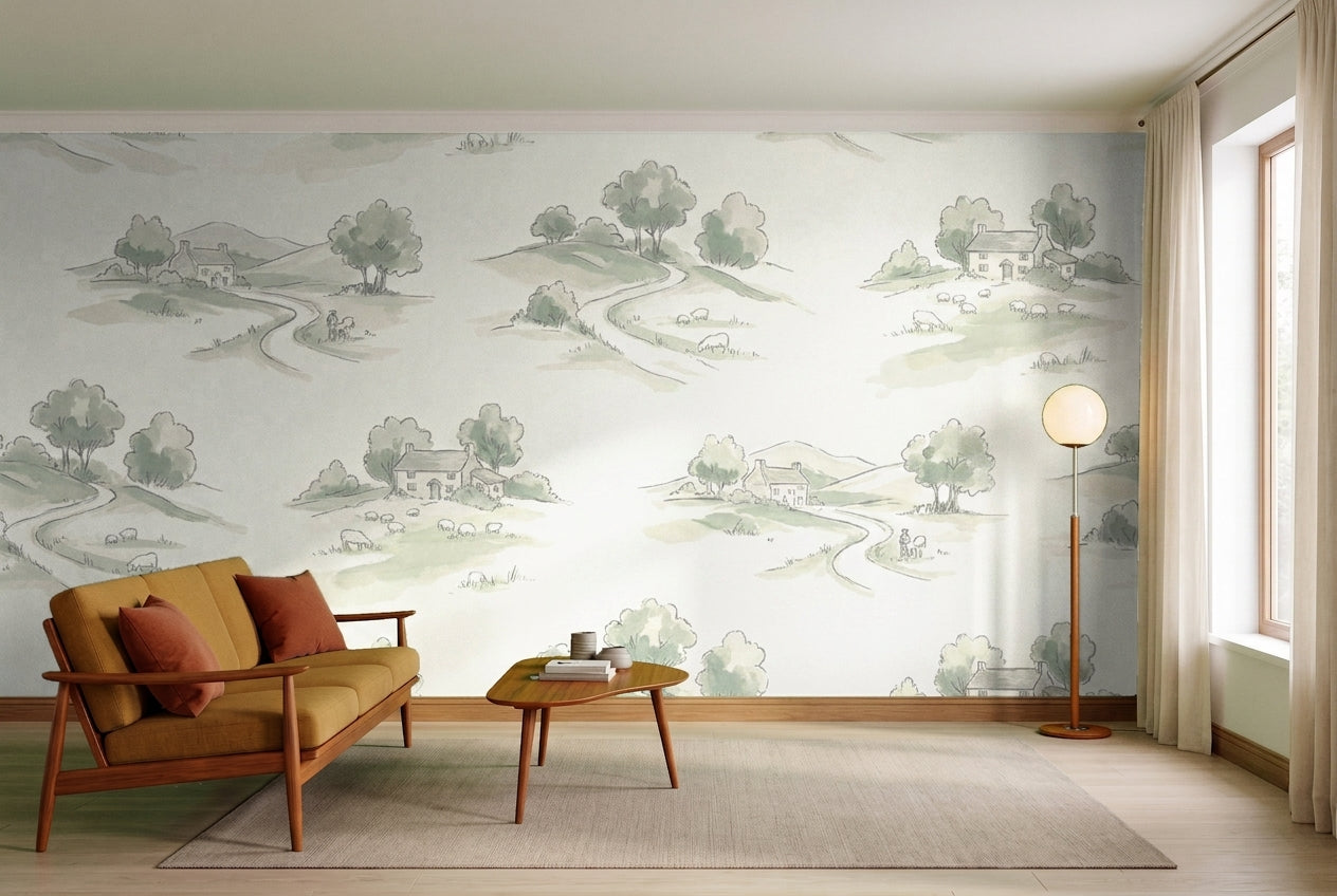 Sage Meadow Landscape Mural in an interior