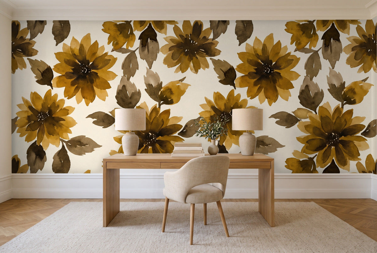 Ochre Dahlia Floral Mural in a home office