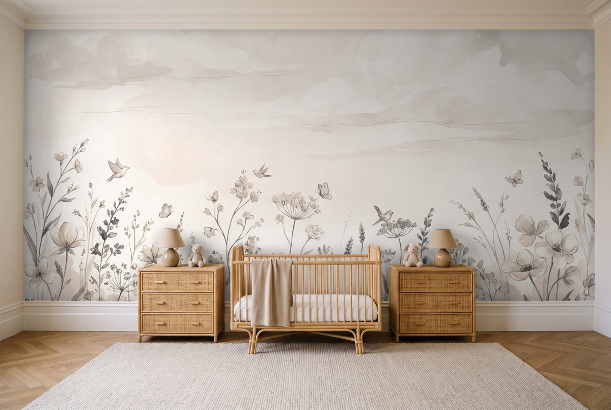 Cream Wildflower Meadow Floral Mural in a nursery