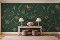 Green And Gold Stars Celestial Mural in an entryway