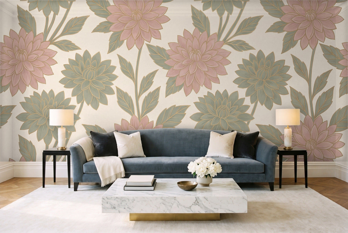 Green And Pink Dahlia Floral Mural in a living room