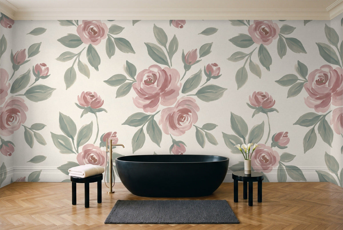 Green And Pink Rose Floral Mural in a bathroom