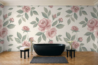 Green And Pink Rose Floral Mural in a bathroom