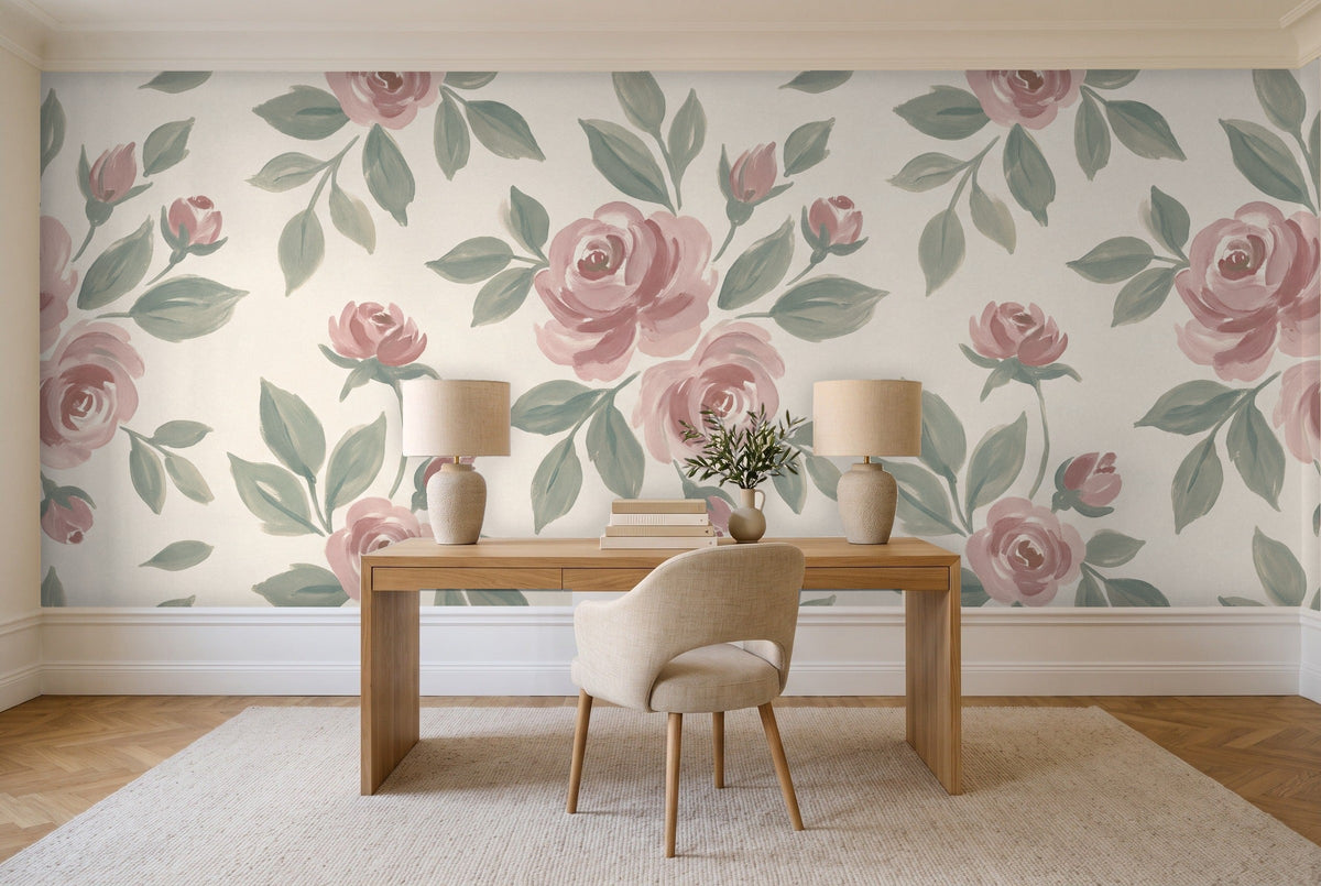 Green And Pink Rose Floral Mural in a home office