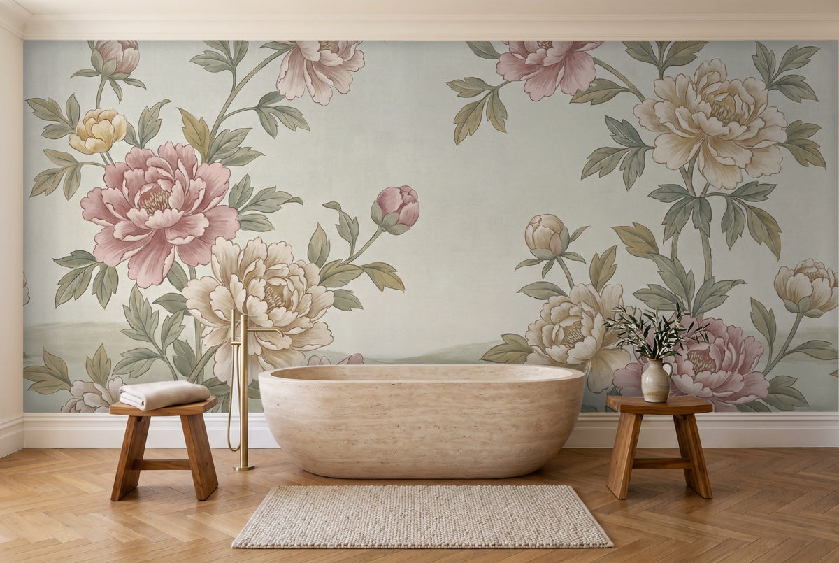 Green Peony Floral Mural in a bathroom