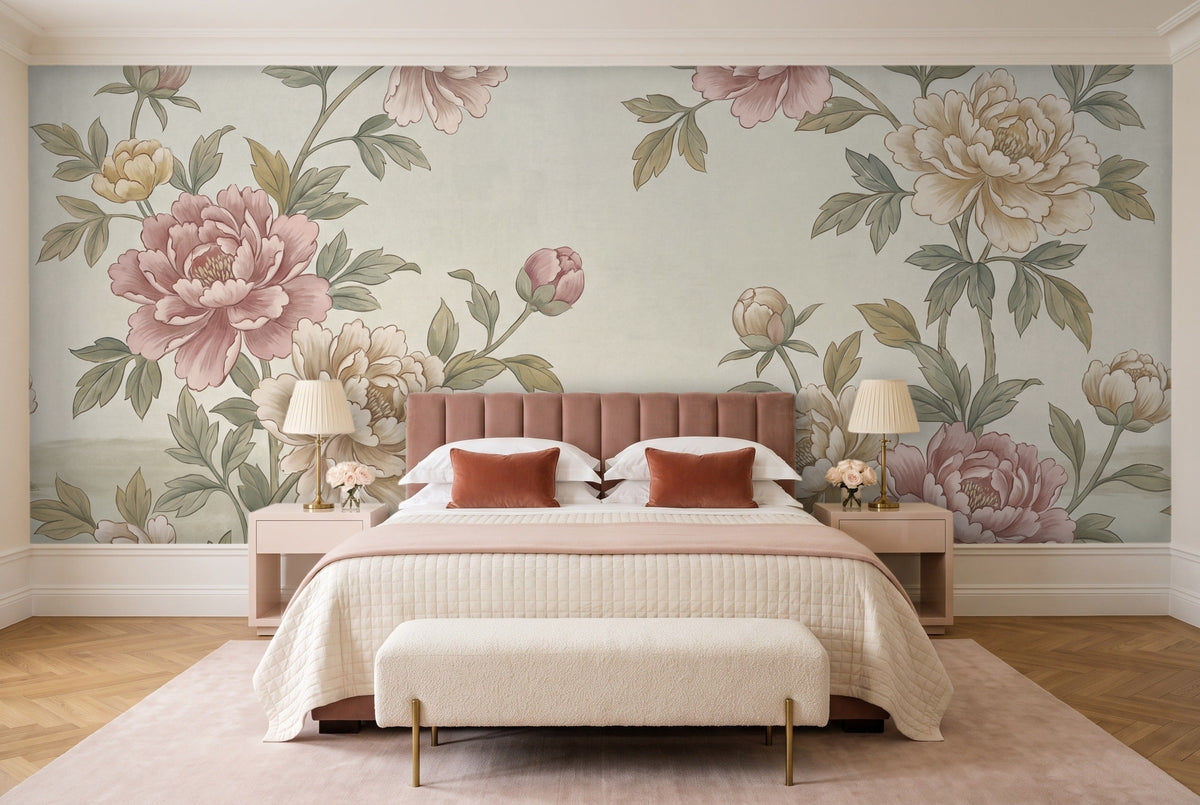 Green Peony Floral Mural in a bedroom