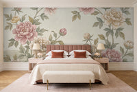 Green Peony Floral Mural in a bedroom