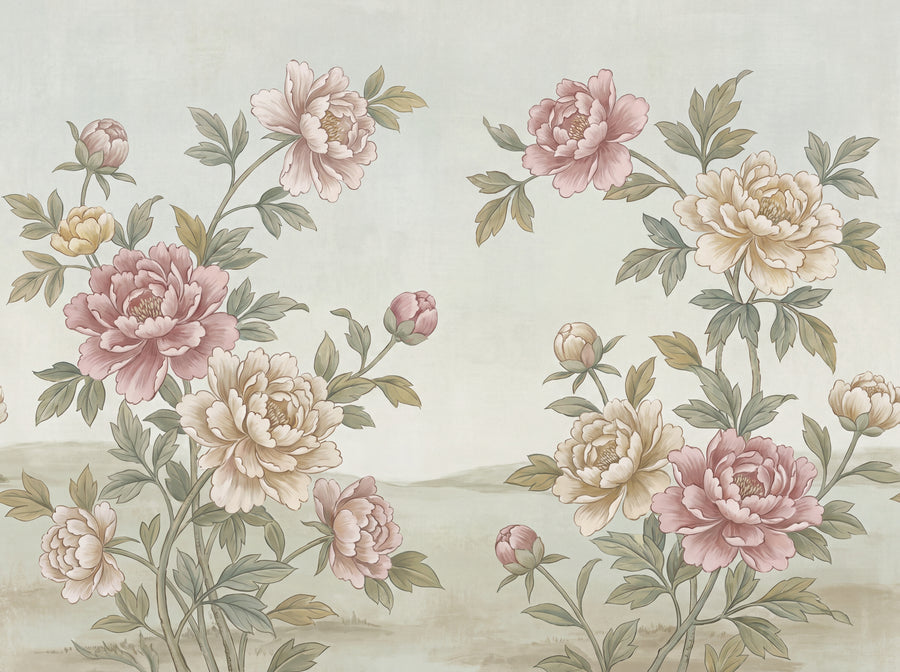 Green Peony Floral Mural, preview of the area printed on your wall