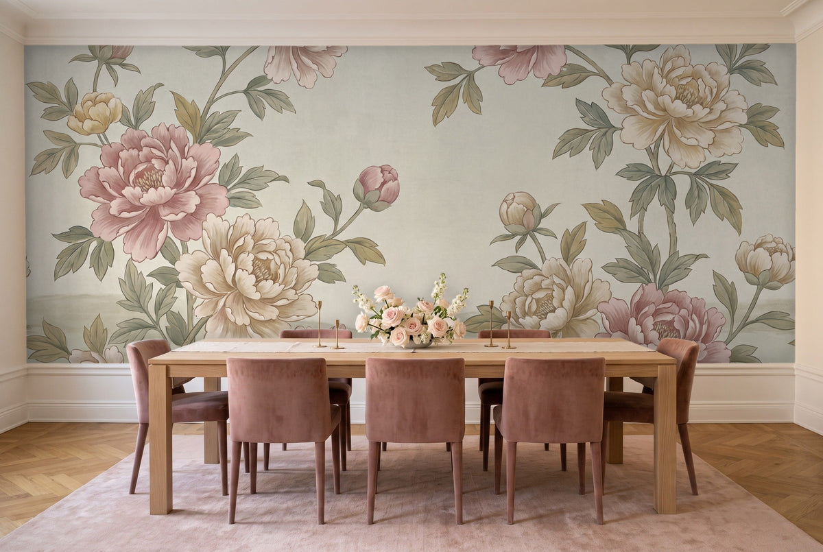 Green Peony Floral Mural in a dining room