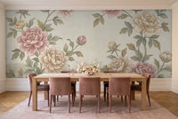 Green Peony Floral Mural in a dining room