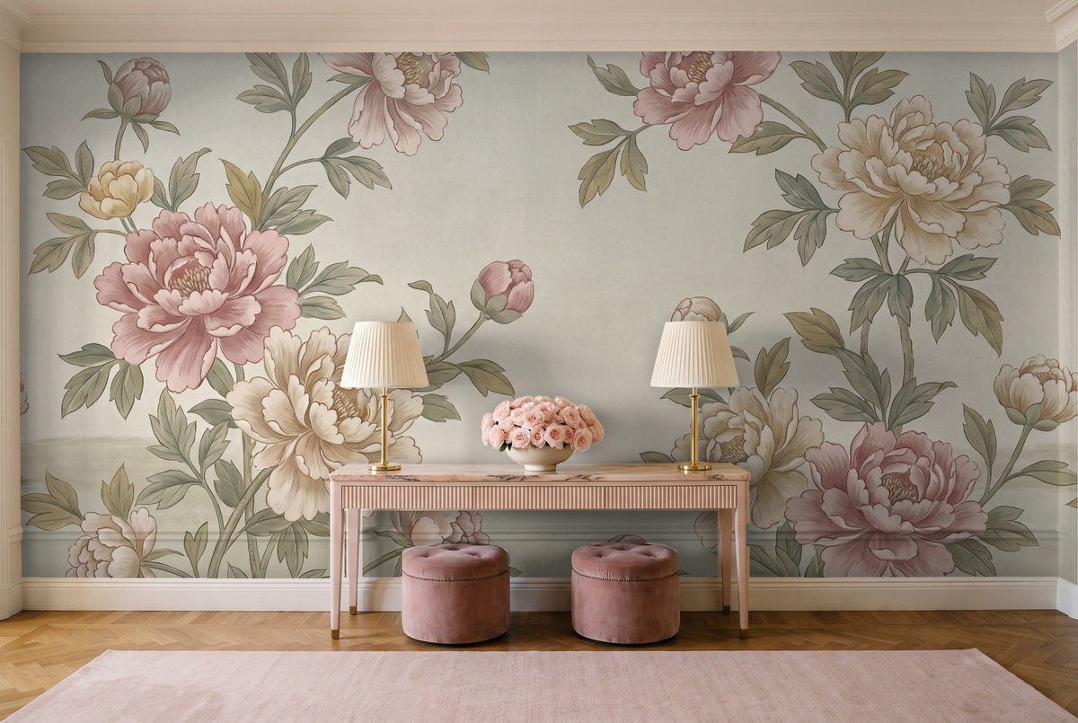 Green Peony Floral Mural in an entryway
