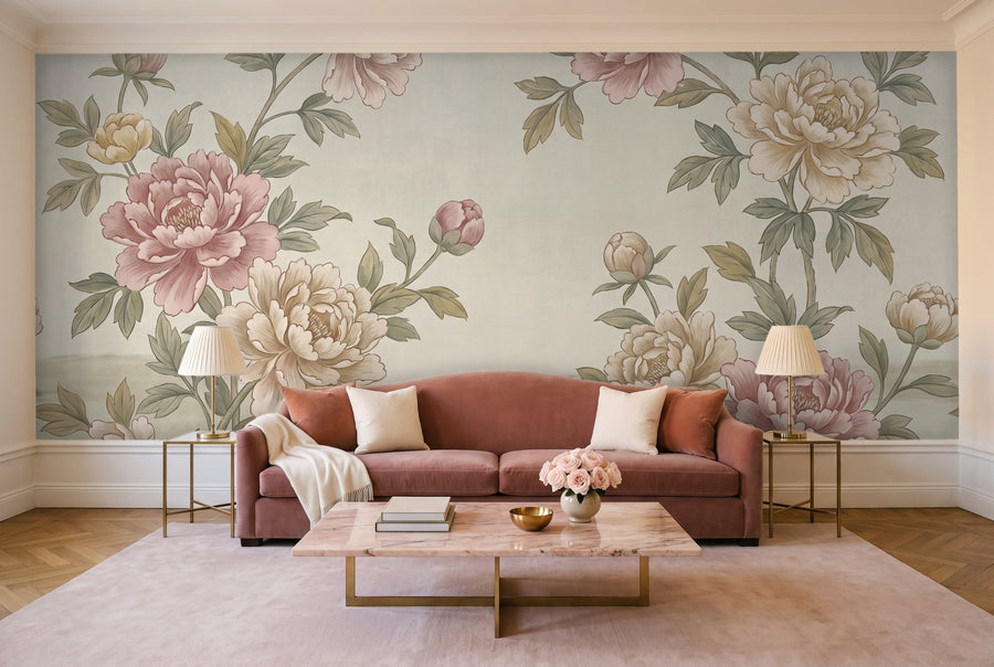 Green Peony Floral Mural on a wall