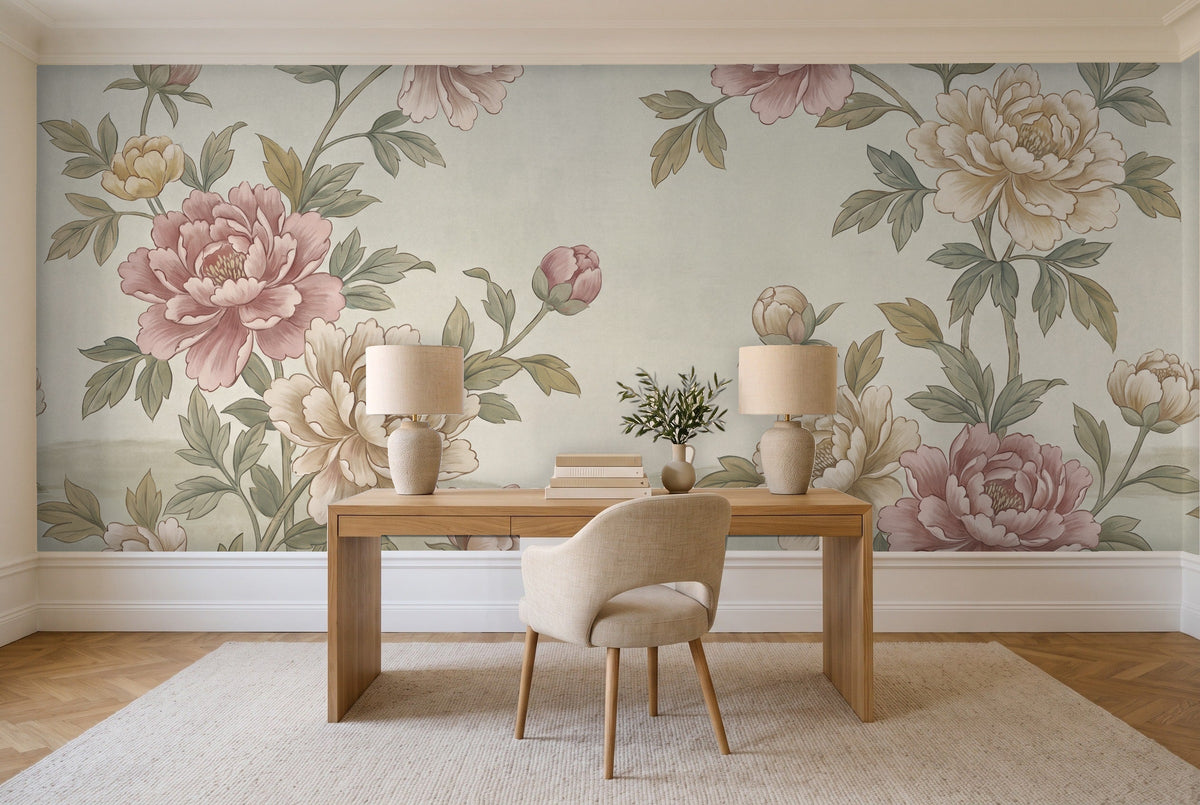 Green Peony Floral Mural in a home office
