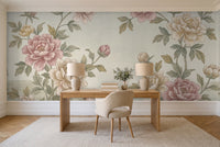 Green Peony Floral Mural in a home office
