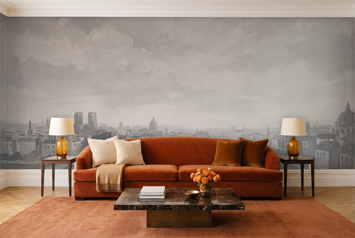 Grey City Cityscape Mural in a living room