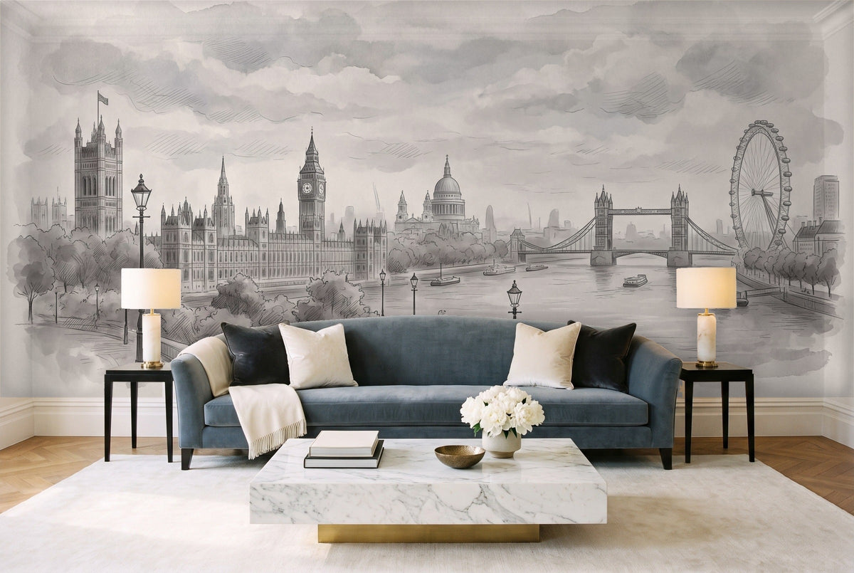 Grey London Cityscape Mural in a living room