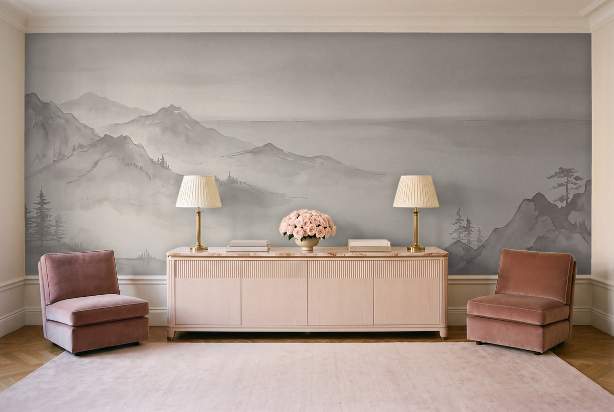 Grey Mountain Landscape Mural in a living room