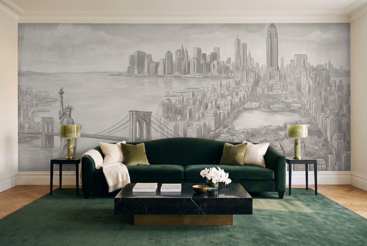 Grey New York Cityscape Mural in a living room