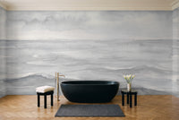 Grey Ocean Landscape Mural in a bathroom