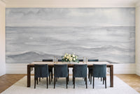 Grey Ocean Landscape Mural in a dining room