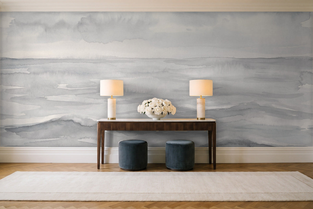 Grey Ocean Landscape Mural in an entryway