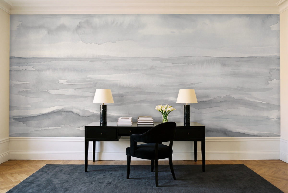 Grey Ocean Landscape Mural in a home office