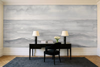 Grey Ocean Landscape Mural in a home office