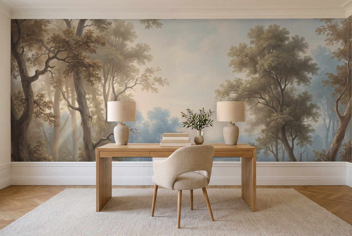 Light Blue Forest Landscape Mural in a home office