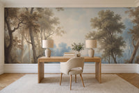 Light Blue Forest Landscape Mural in a home office