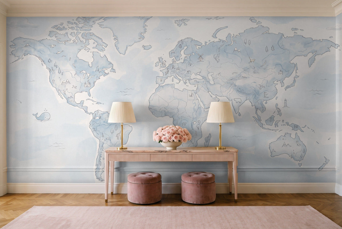 Light Blue World Map Map Mural in an entryway