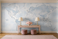 Light Blue World Map Map Mural in an entryway