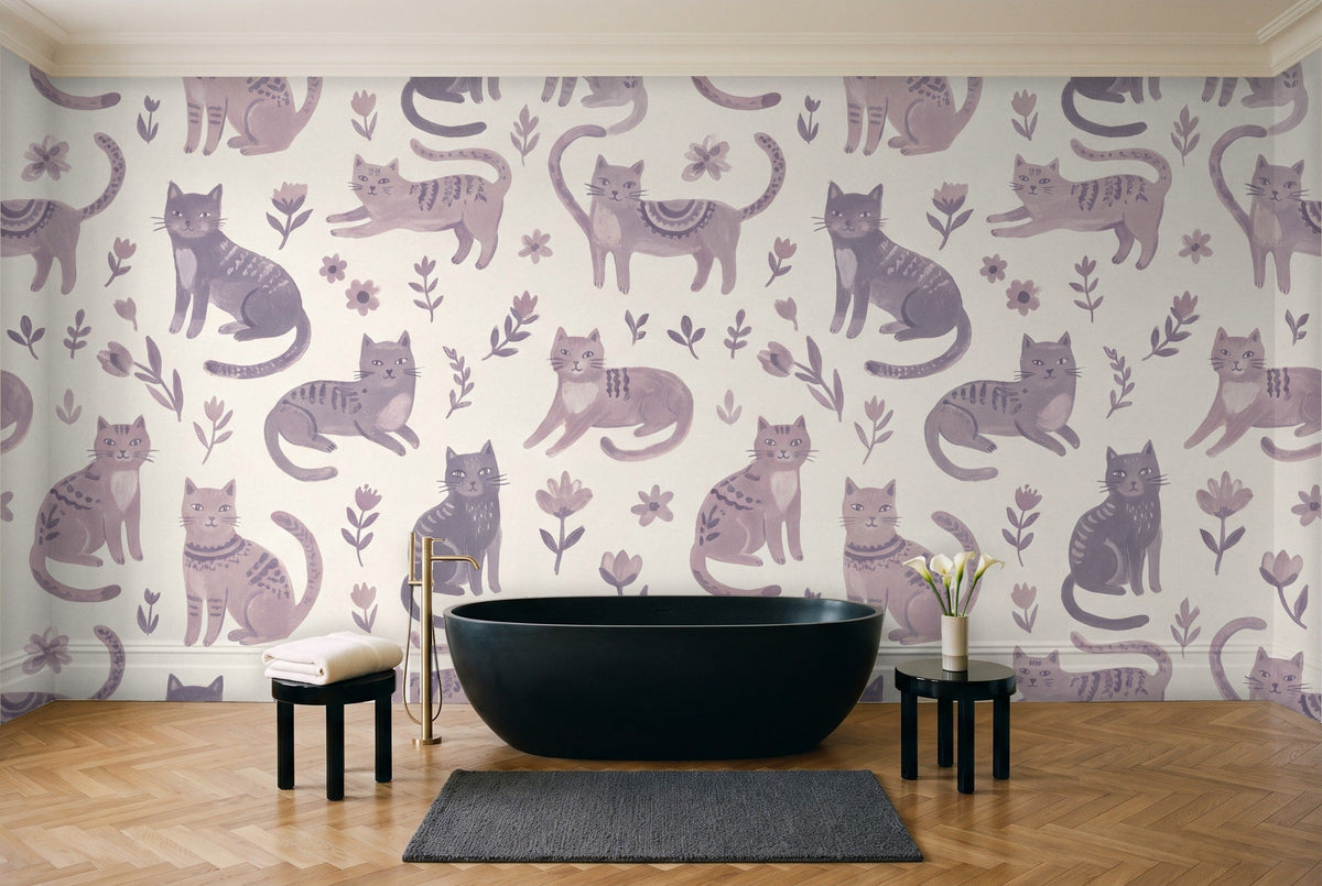 Lilac Cat Animal Mural in a bathroom