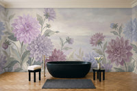 Lilac Dahlia Floral Mural in a bathroom