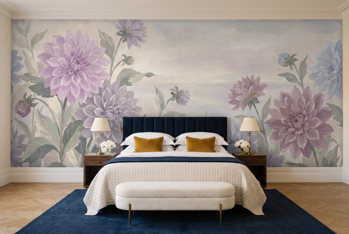 Lilac Dahlia Floral Mural in a bedroom